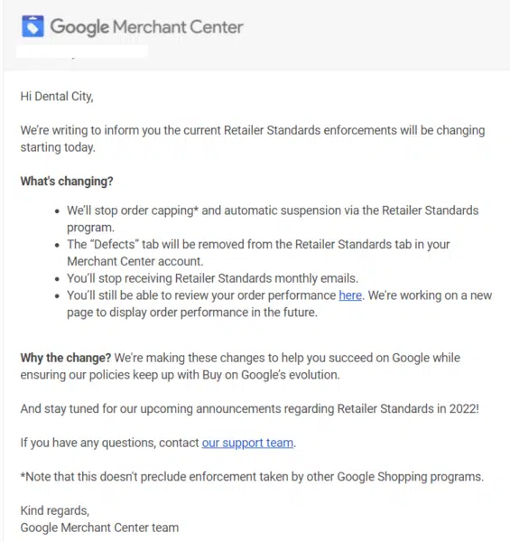 The email Google sent to merchants notifying them of Retailer Standards enforcement changes